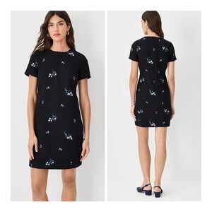 Ann Taylor Petite Black Embroidered Floral Tween Shift Short Sleeve Dress Sz 10P